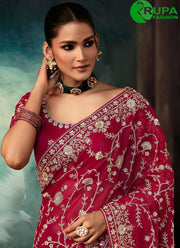 Maroon Color Faux Crepe Traditional Party Wear Saree With Embroidered Work